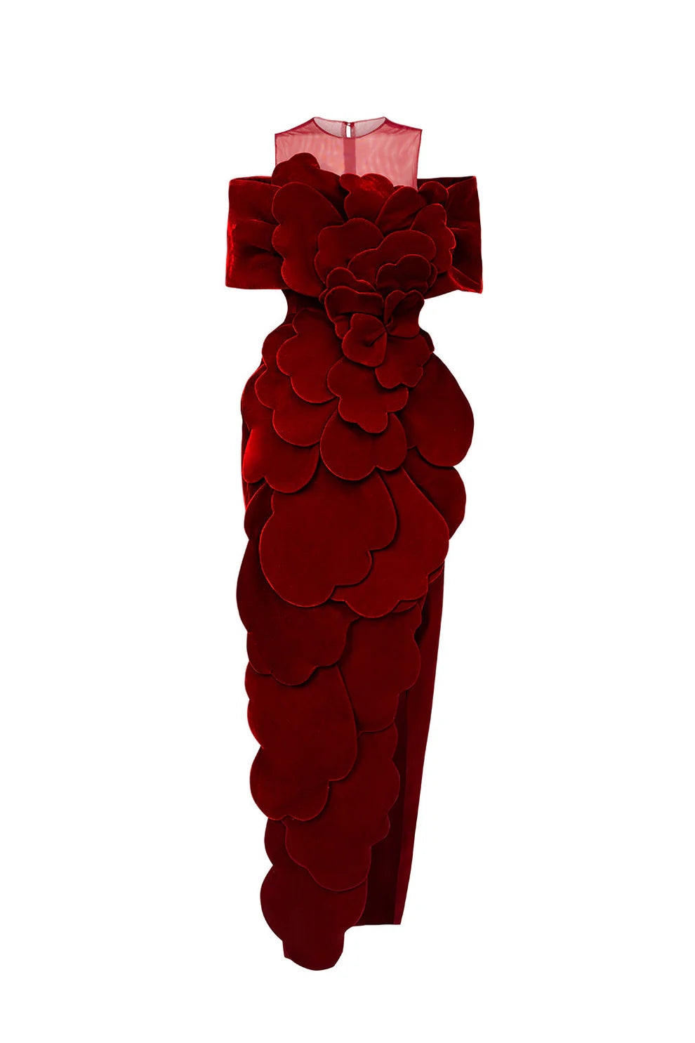 off-shoulder velvet column dress with illusion neckline and sculpted floral appliqué – ROSA