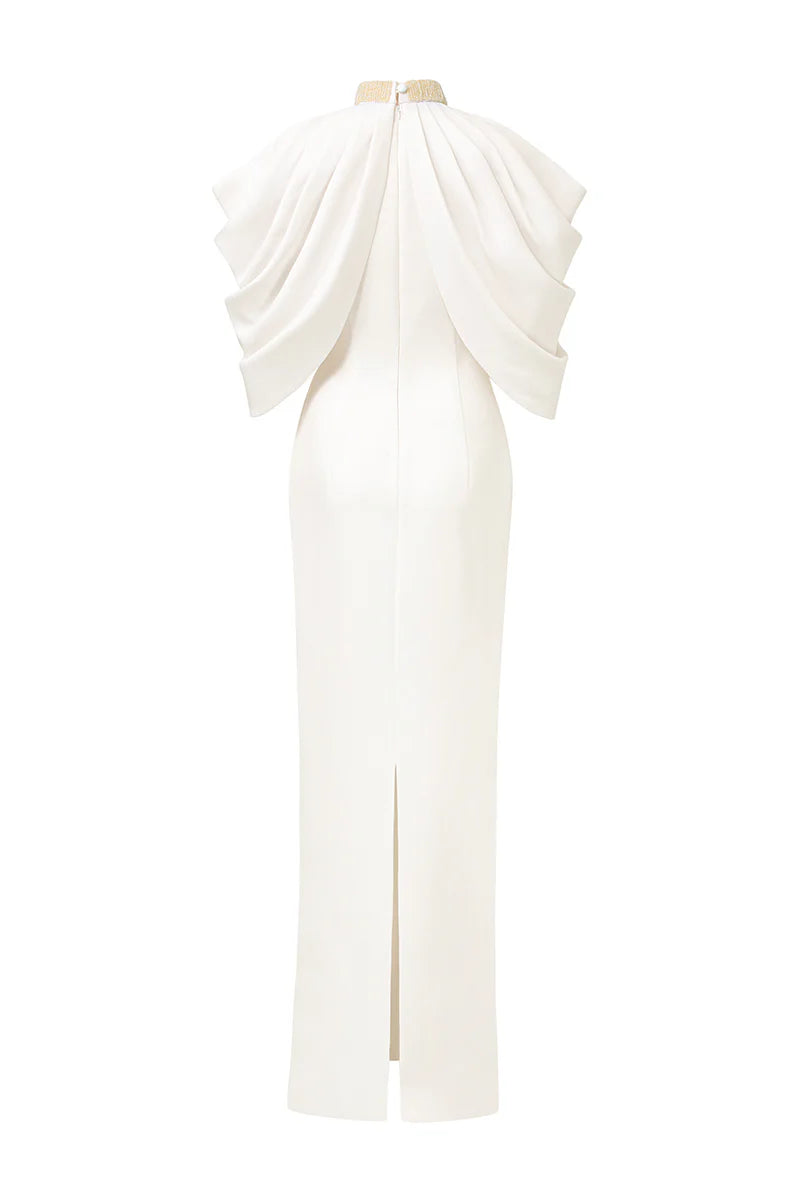 فستان هالتر عمودي مع عباءة منحوتة متعددة الطبقات – أوريليا