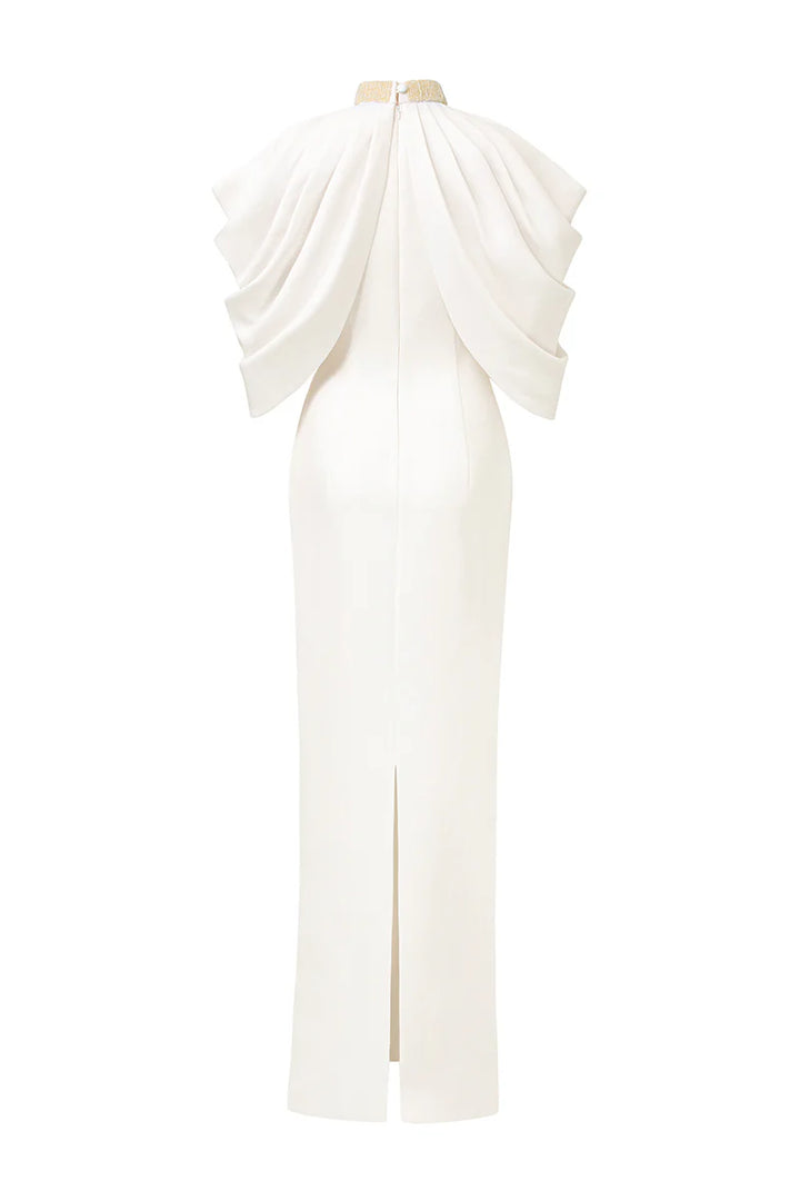 فستان هالتر عمودي مع عباءة منحوتة متعددة الطبقات – أوريليا