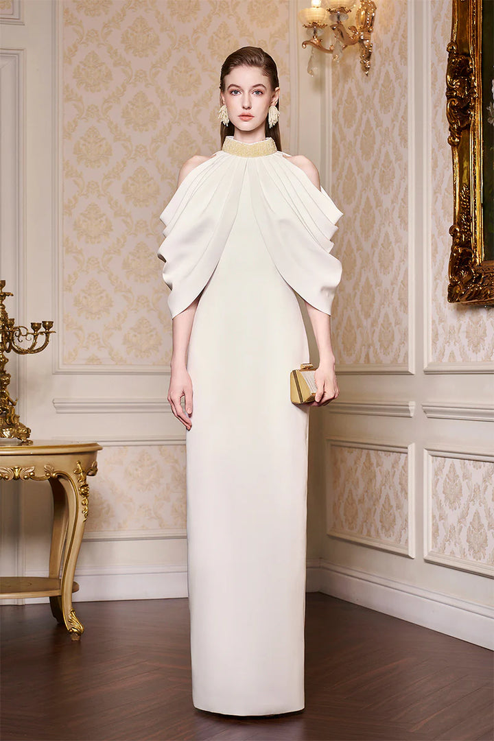 فستان هالتر عمودي مع عباءة منحوتة متعددة الطبقات – أوريليا