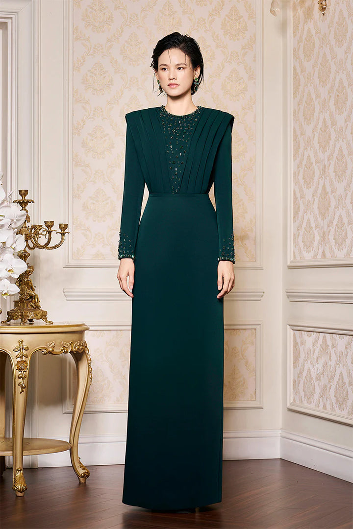 فستان عمودي بأكمام طويلة وصدرية منحوتة مطوية – الزمرد