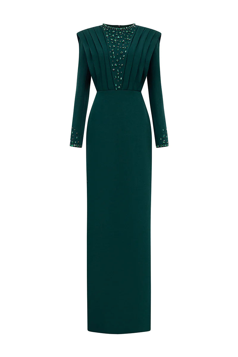 فستان عمودي بأكمام طويلة وصدرية منحوتة مطوية – الزمرد