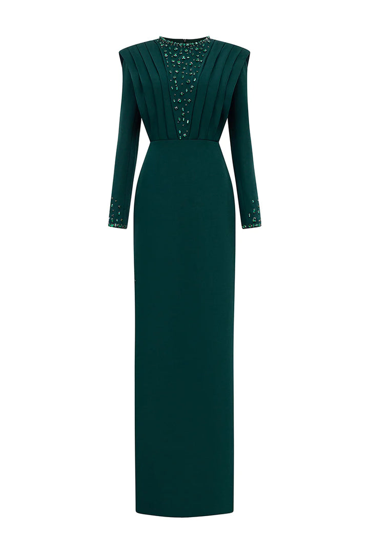 فستان عمودي بأكمام طويلة وصدرية منحوتة مطوية – الزمرد