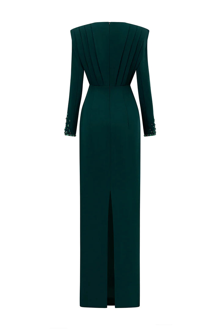 فستان عمودي بأكمام طويلة وصدرية منحوتة مطوية – الزمرد