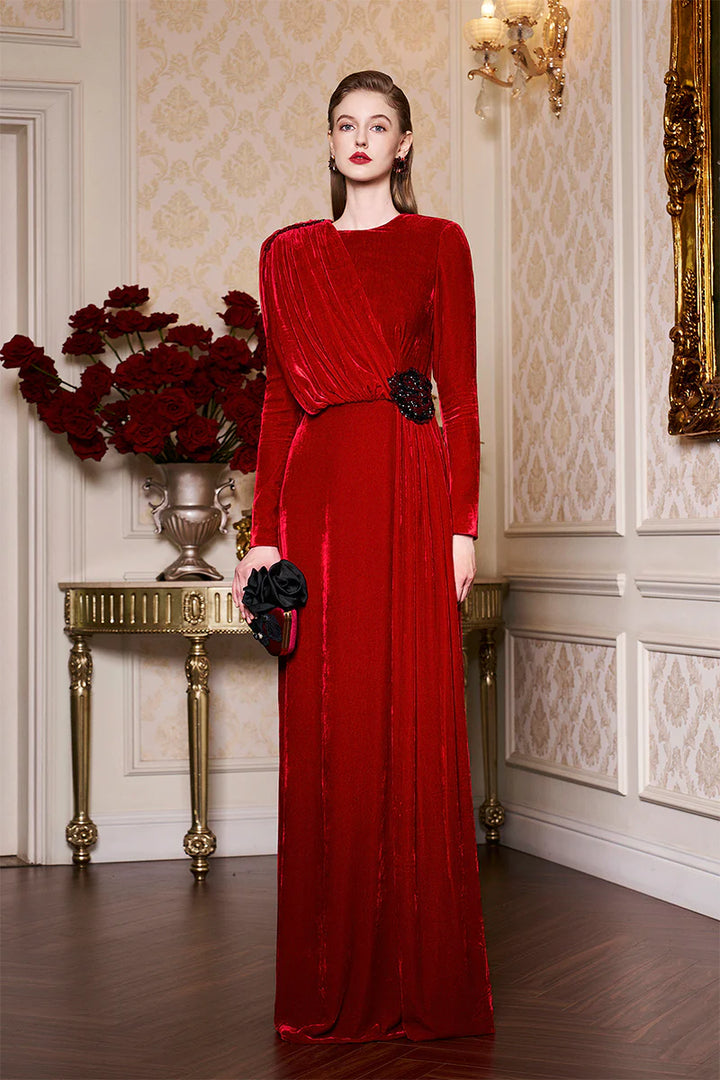 فستان مخملي منسدل بخصر مزخرف – سكارليت