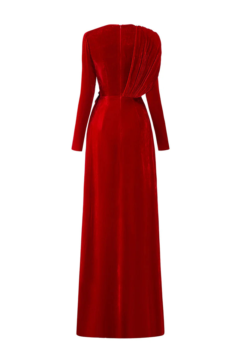 فستان مخملي منسدل بخصر مزخرف – سكارليت