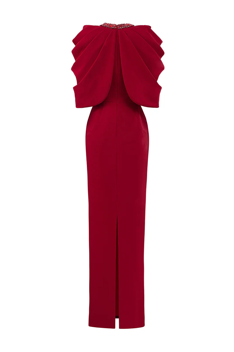 فستان عمودي منظم بكتف مكشوف - قرمزي