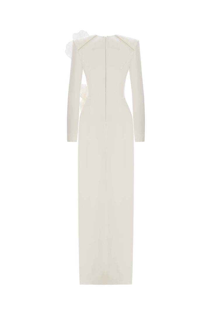 فستان بأكمام طويلة وتطريزات زهرية كبيرة الحجم – إيفورين