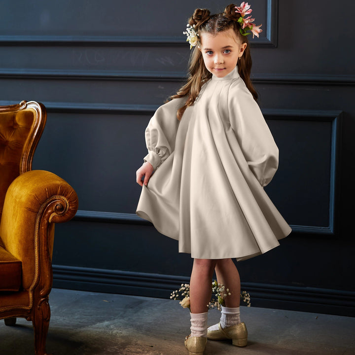 High-Neck A-Line Dress with Balloon Sleeves – PETALIA