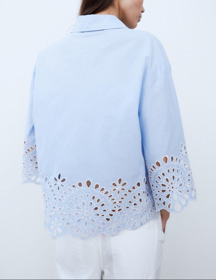 button-down blouse with embroidered hem – AZURA