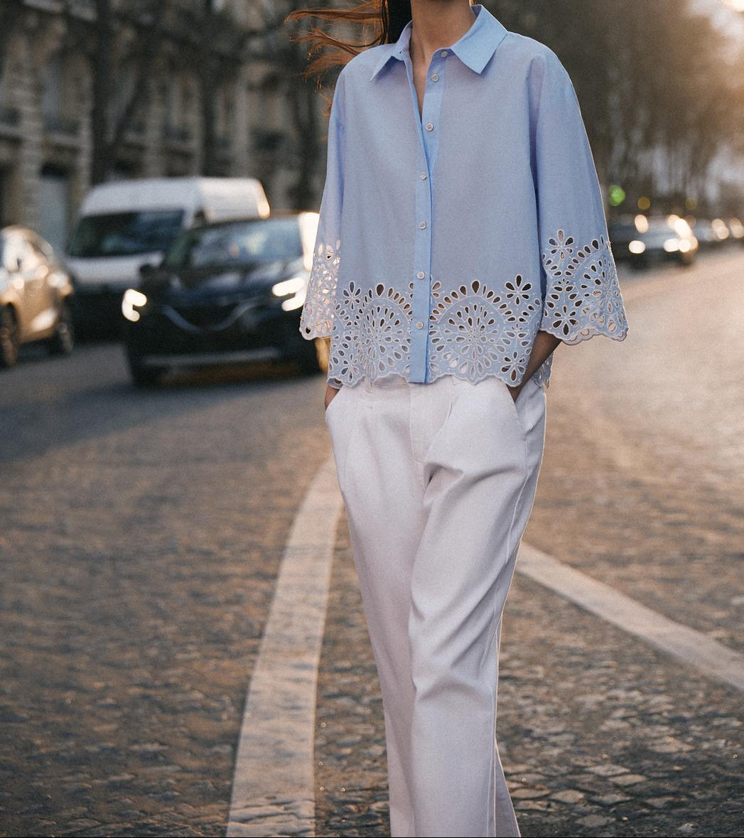 button-down blouse with embroidered hem – AZURA