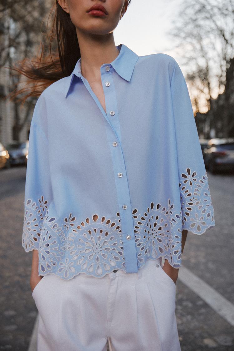 button-down blouse with embroidered hem – AZURA