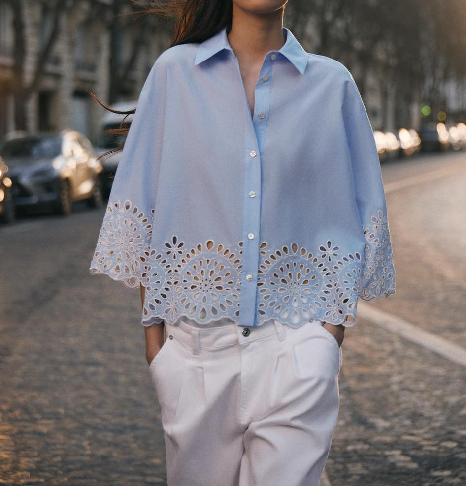 button-down blouse with embroidered hem – AZURA
