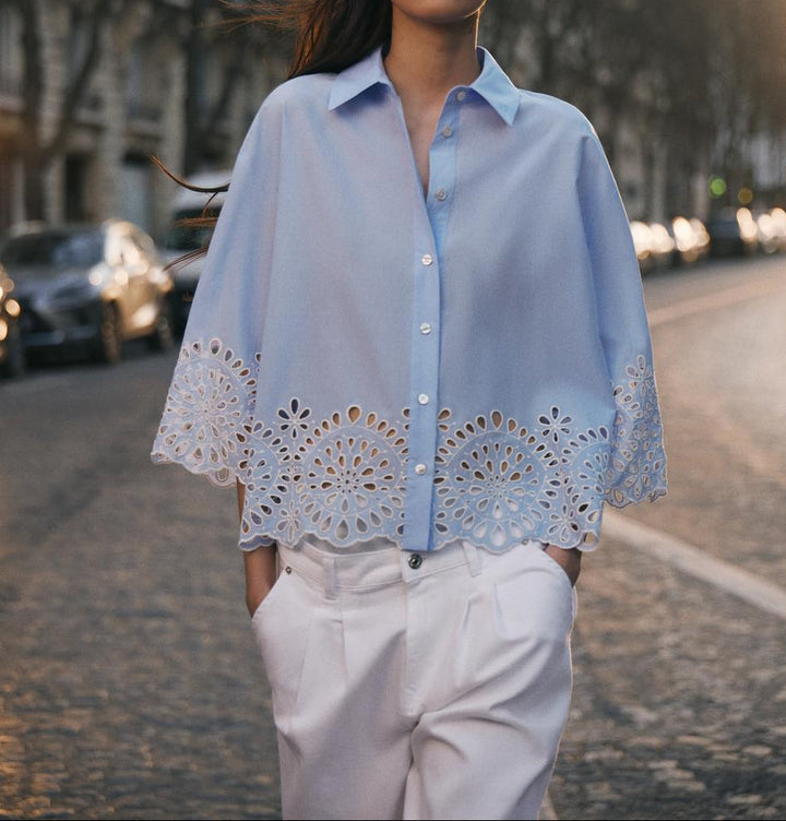 button-down blouse with embroidered hem – AZURA