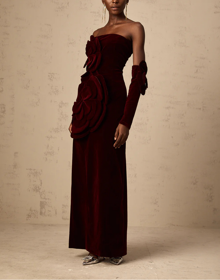 strapless velvet column dress with sculpted floral appliqué – BORDEAUX