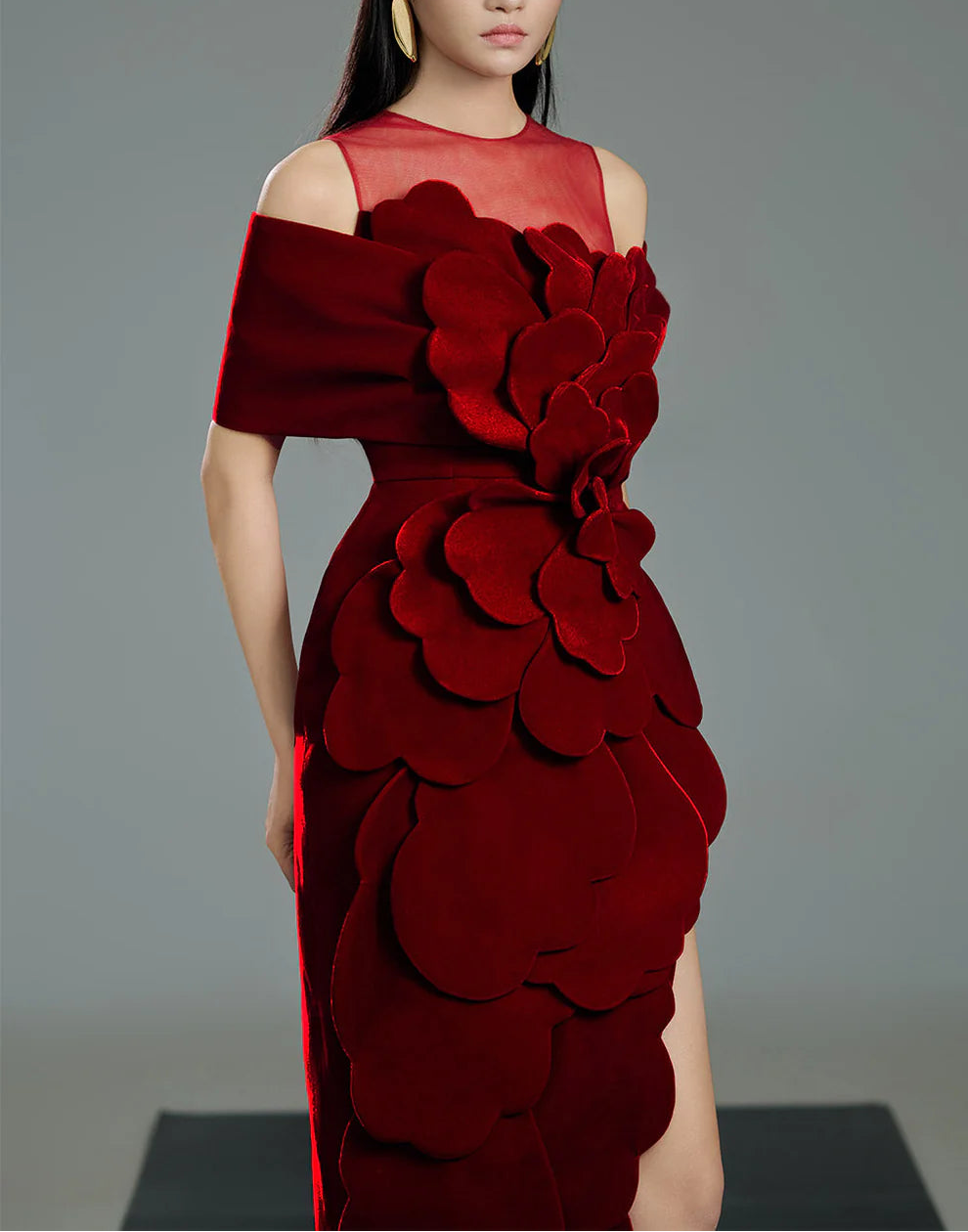 off-shoulder velvet column dress with illusion neckline and sculpted floral appliqué – ROSA