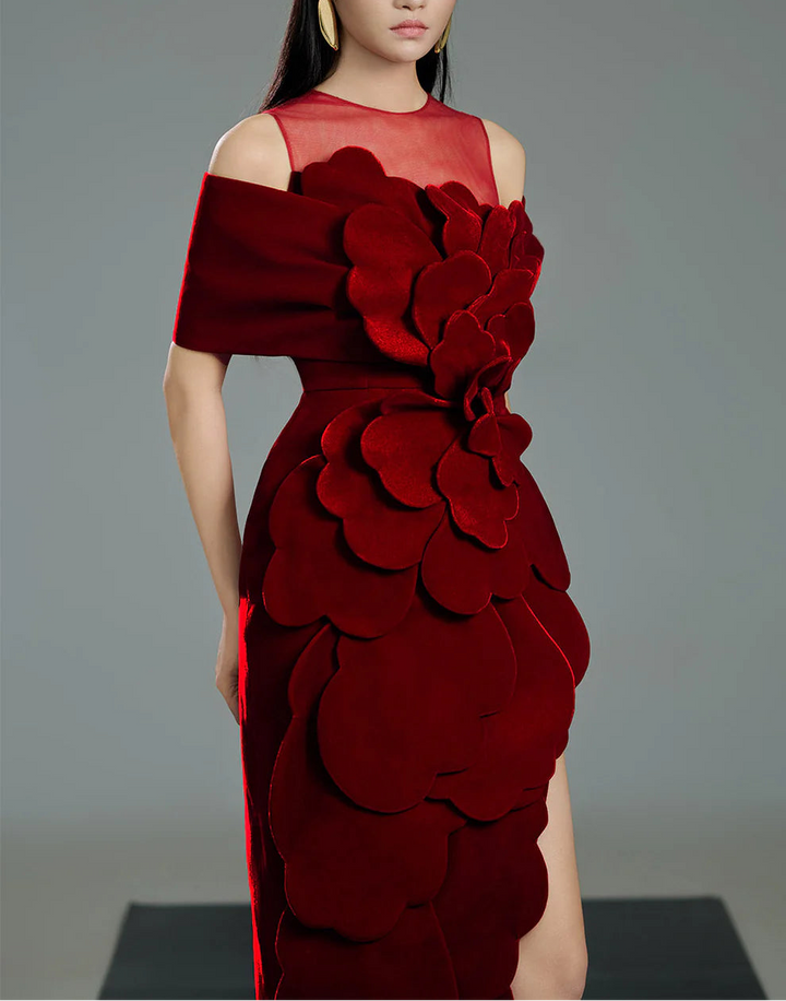 off-shoulder velvet column dress with illusion neckline and sculpted floral appliqué – ROSA
