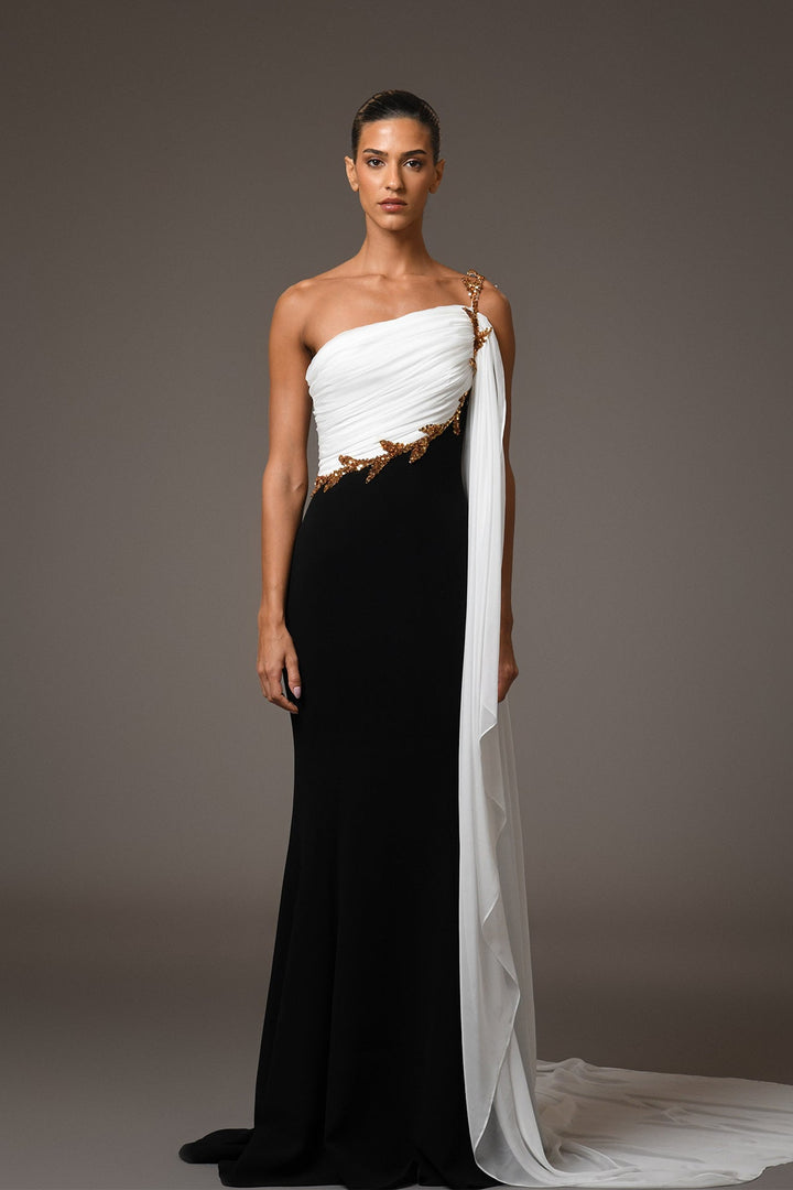 one-shoulder draped gown with gold embroidery – AURORAN