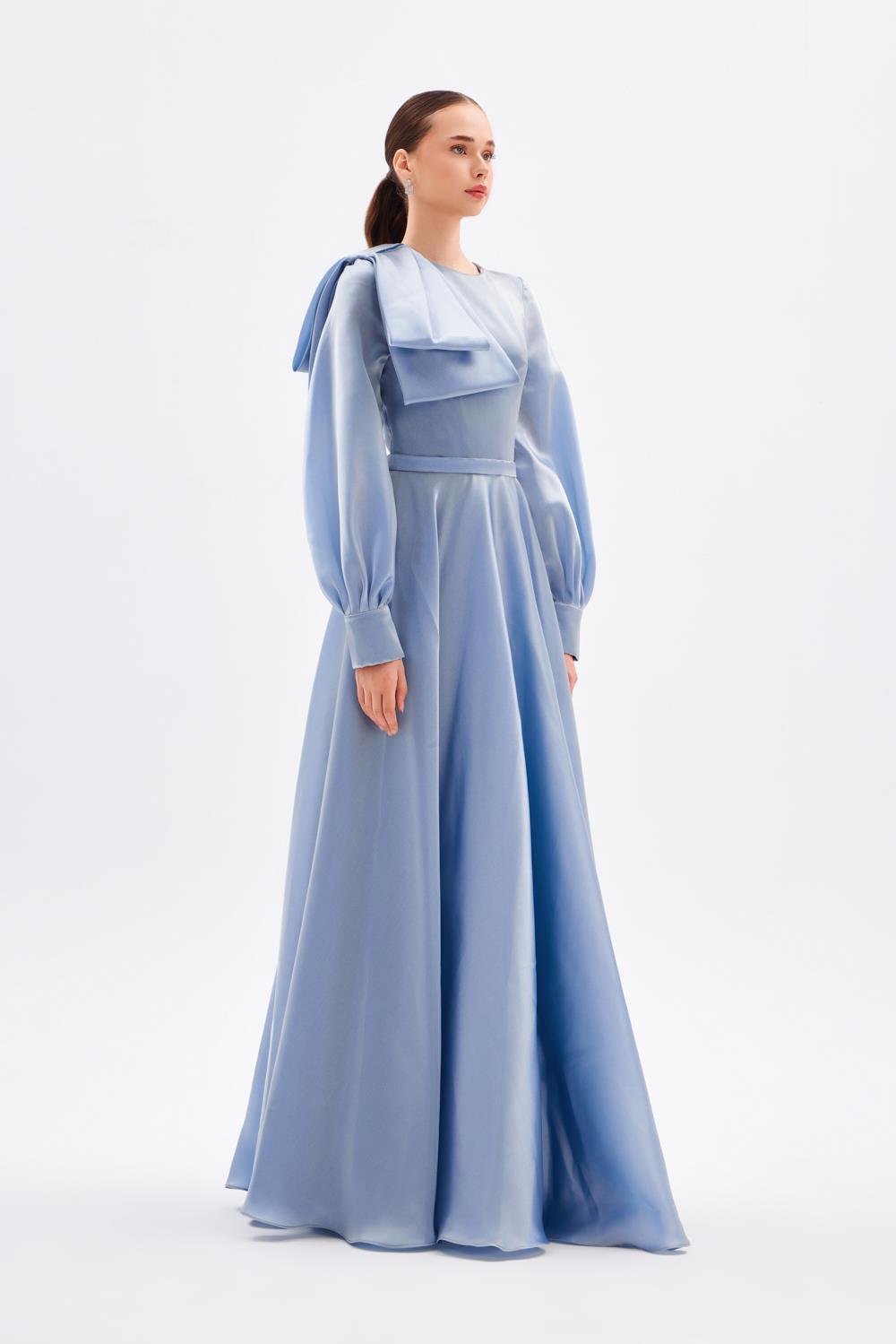 long-sleeve satin gown with sculpted shoulder bow – FUCHSIAE