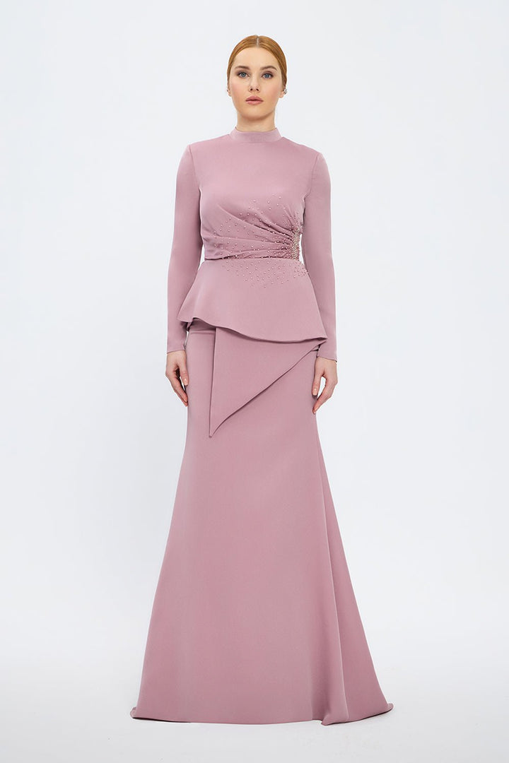 long-sleeve peplum gown with crystal draping – SERENE