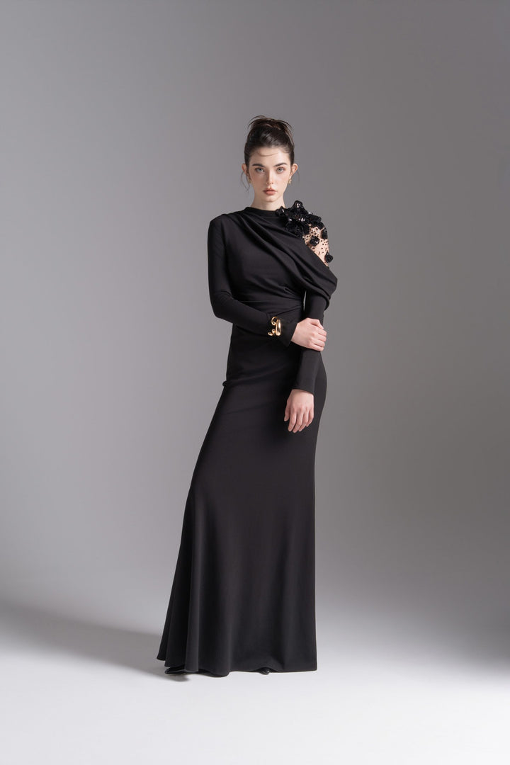 فستان مزين غير متماثل على الكتف – موسيقى ليلية