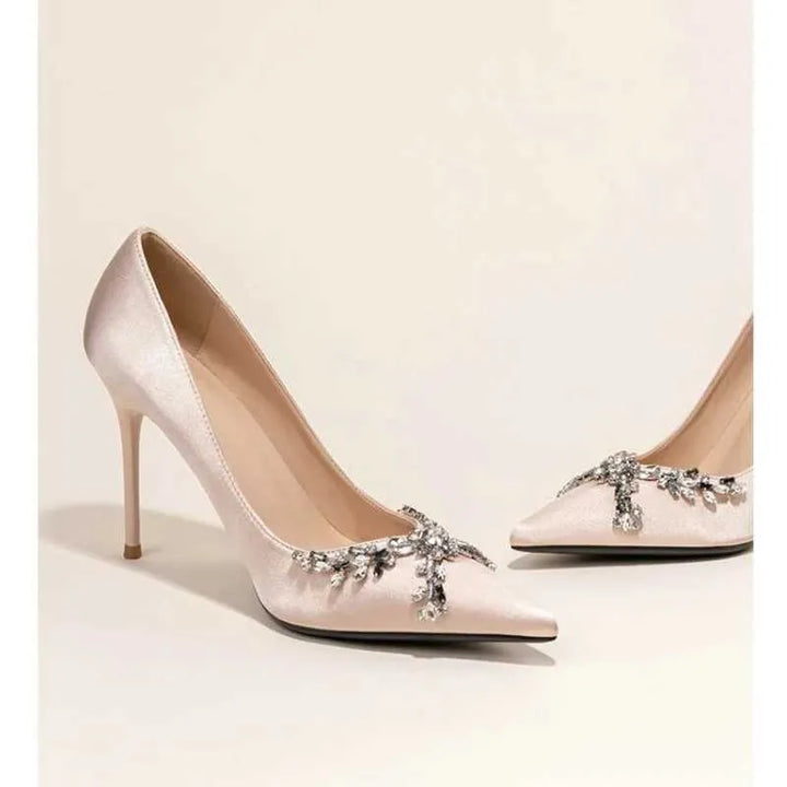 satin pointed-toe heels with crystal leaf embellishment – SERENABA