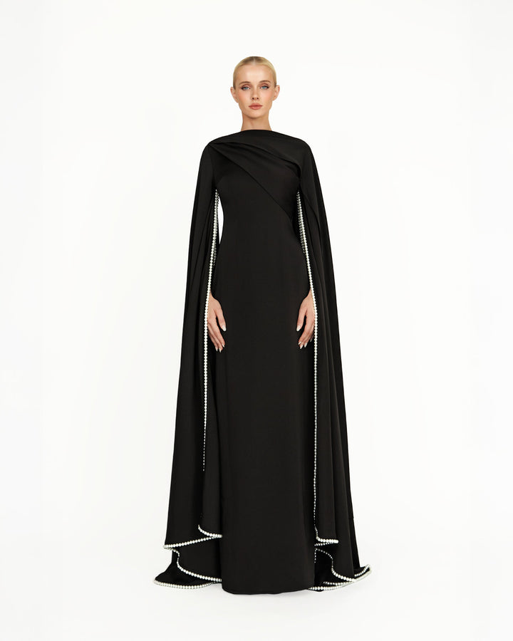 cape-sleeve column gown with pearl trim – NOIRELLE