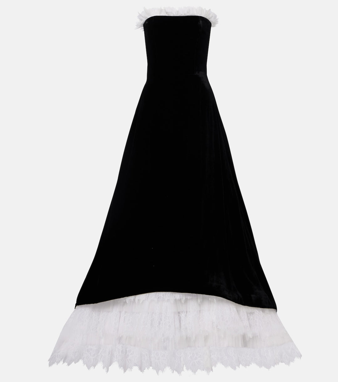 Strapless velvet gown with lace ruffle hem – OSAMA