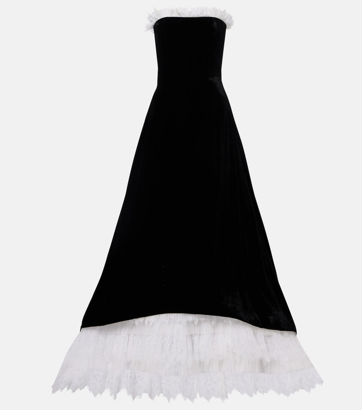 Strapless velvet gown with lace ruffle hem – OSAMA