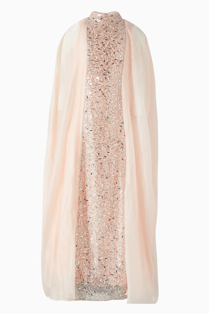 Sequin Column Maxi Dress with Sheer Cape Overlay – BLUSH