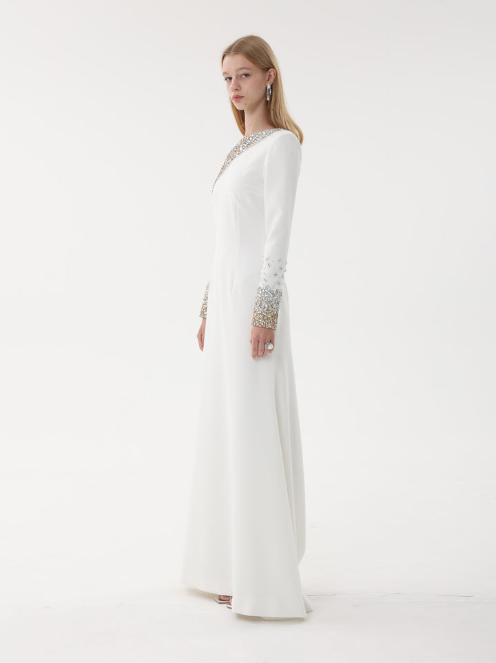 one-shoulder gown with crystal embellished cape sleeve – AURORA
