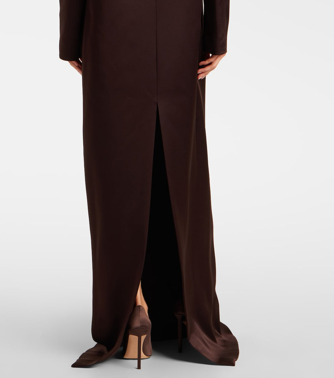 High-neck satin column gown with long sleeves – VERDANA