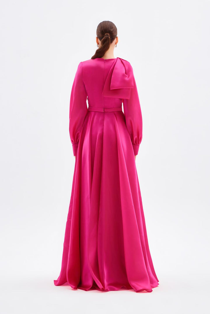 long-sleeve satin gown with sculpted shoulder bow – FUCHSIAE