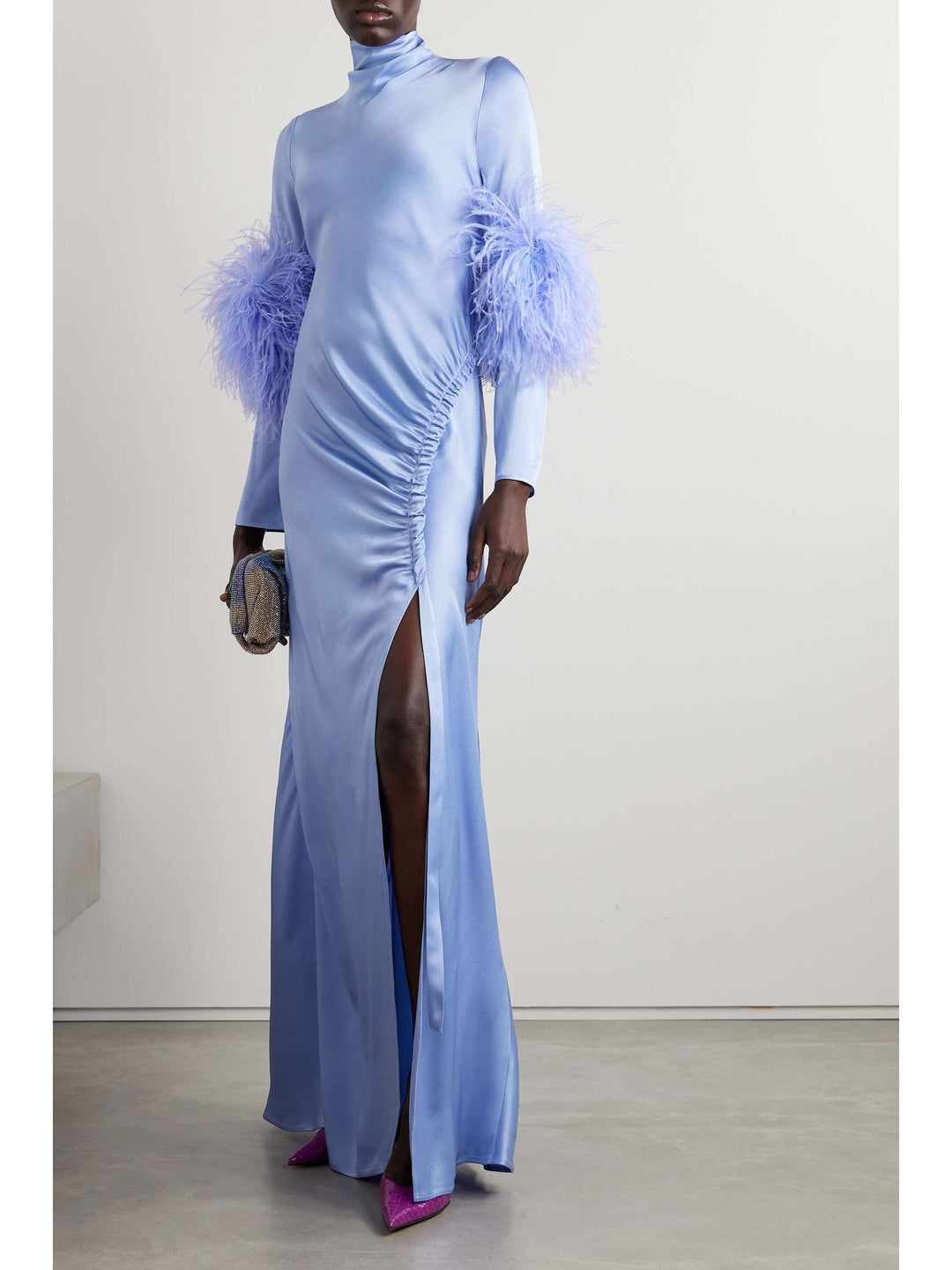 satin gown with feather cuffs and ruched slit – EMERALD FLAIR