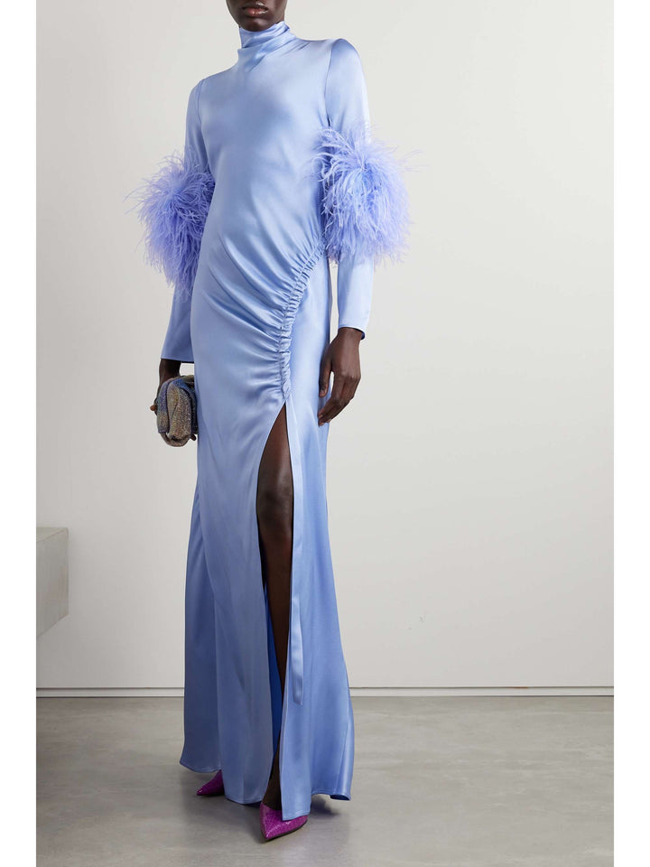 satin gown with feather cuffs and ruched slit – EMERALD FLAIR