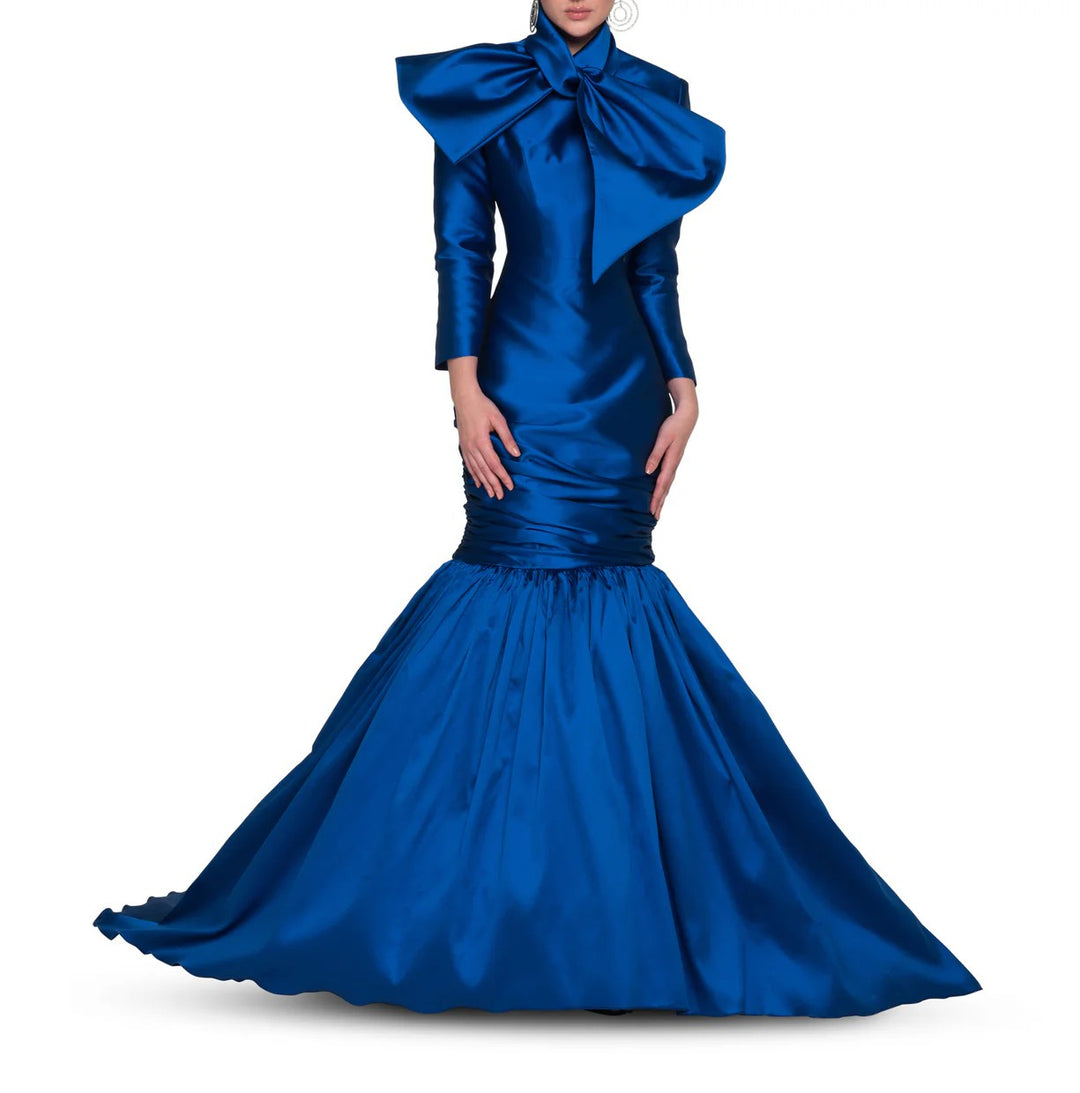 long-sleeve satin mermaid gown with ruched waist – CYRA