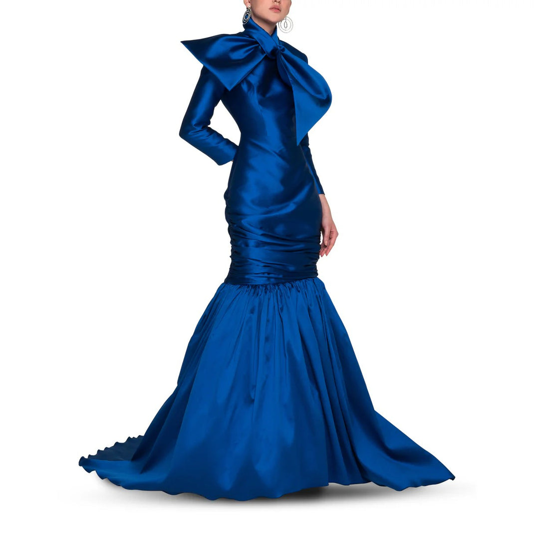 long-sleeve satin mermaid gown with ruched waist – CYRA