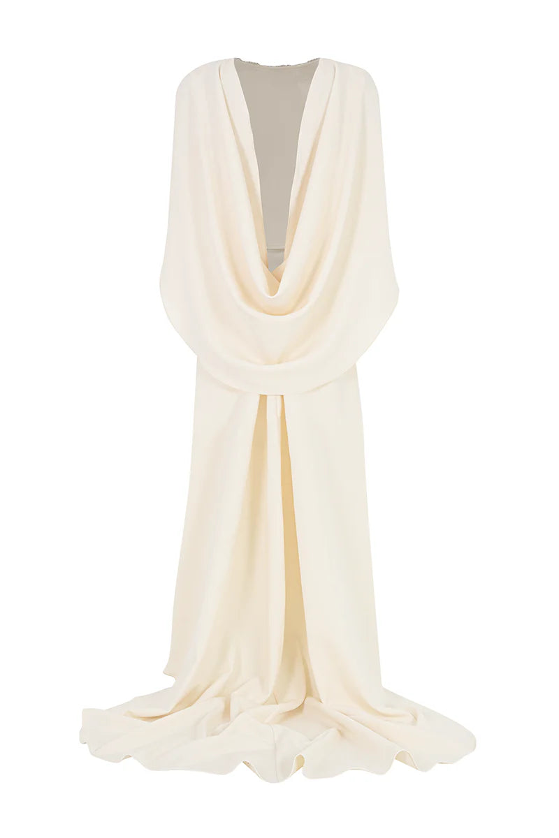 فستان مزخرف بأكمام على شكل رأس مع تصميم عمودي أنيق – عاجي