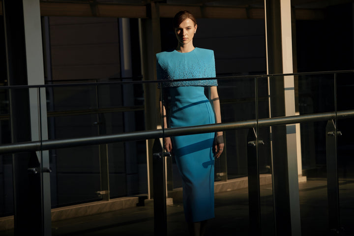 crystal-embellished cape-detail midi dress – OSEIL