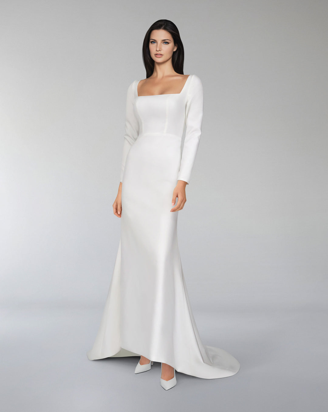 White wedding dress with back neckline and train - GOLINE