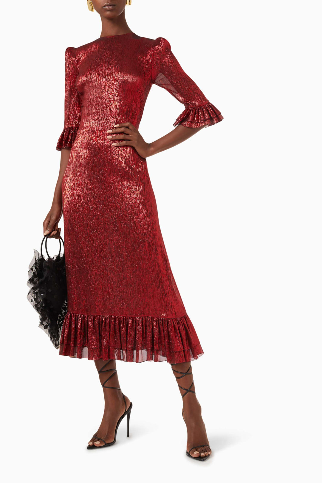 metallic midi dress with ruffled sleeves and hem – SERENA