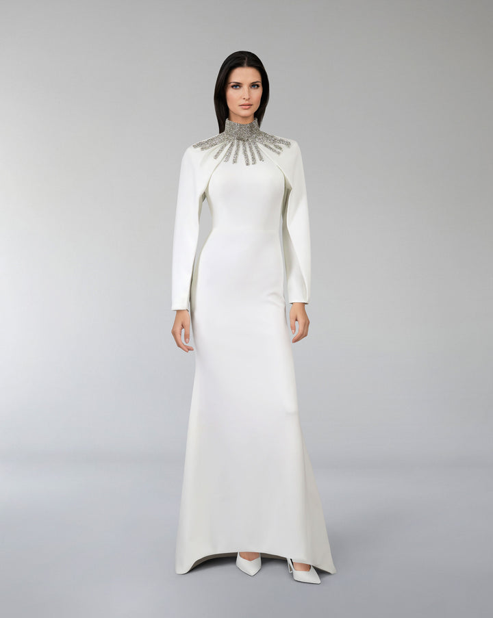 Beaded collar dress with capelet sleeves