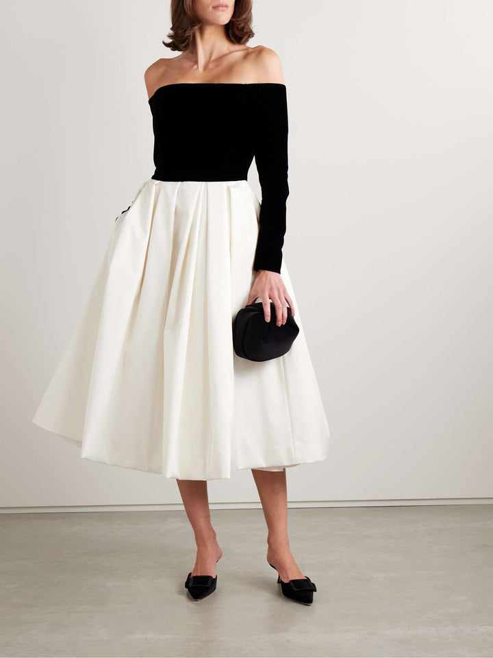 off-shoulder velvet top dress with satin pleated skirt – NOIR BLUE