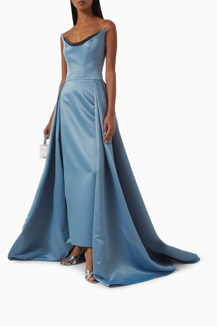 satin gown with draped neckline and side pleats – SKYLA