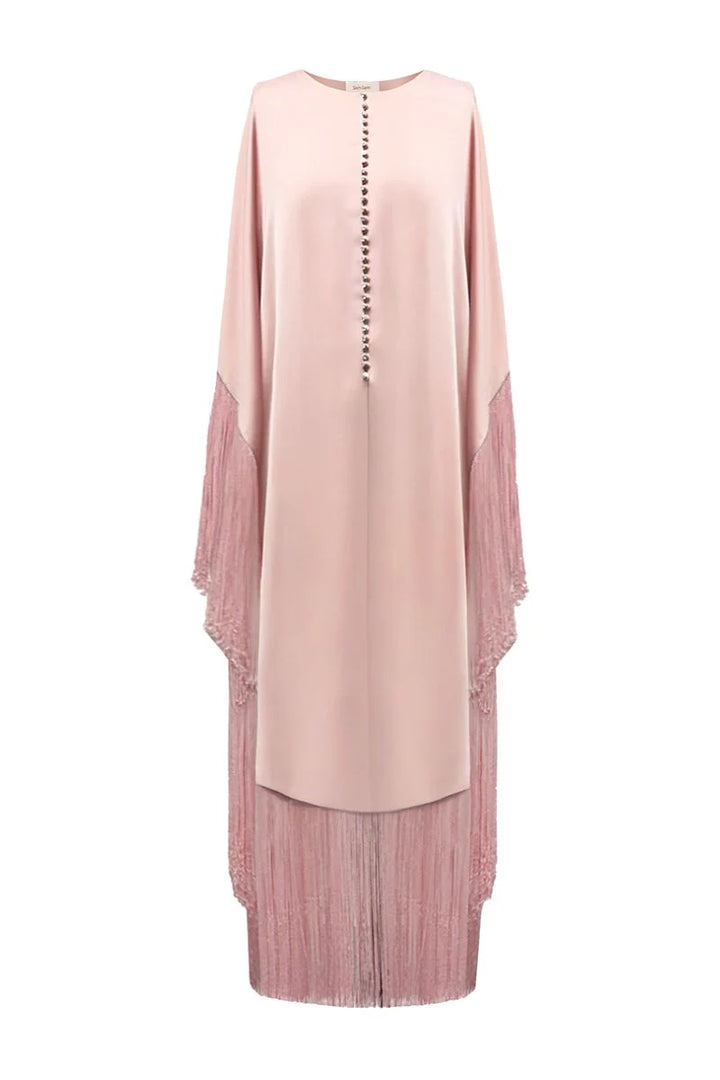 pleated fringe kaftan set with crystal buttons – MISTYE