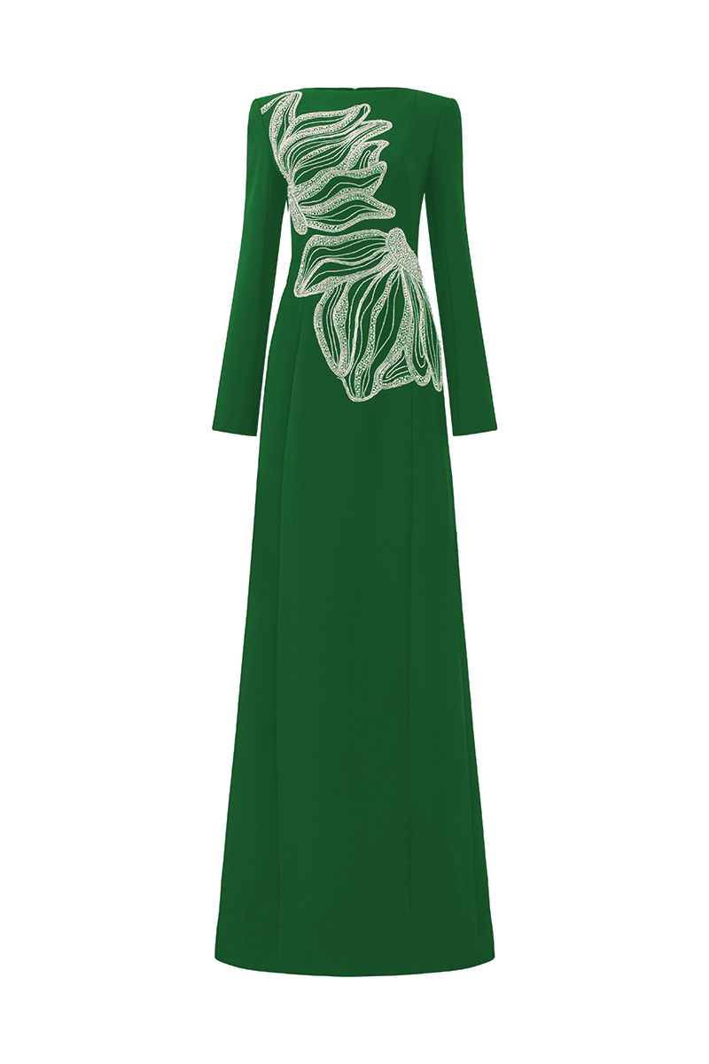 embellished sculptural gown with long sleeves – OCEANA