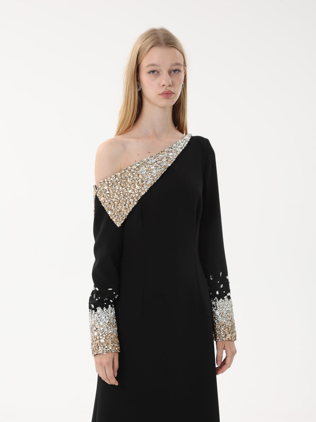 one-shoulder gown with crystal embellished cape sleeve – AURORA