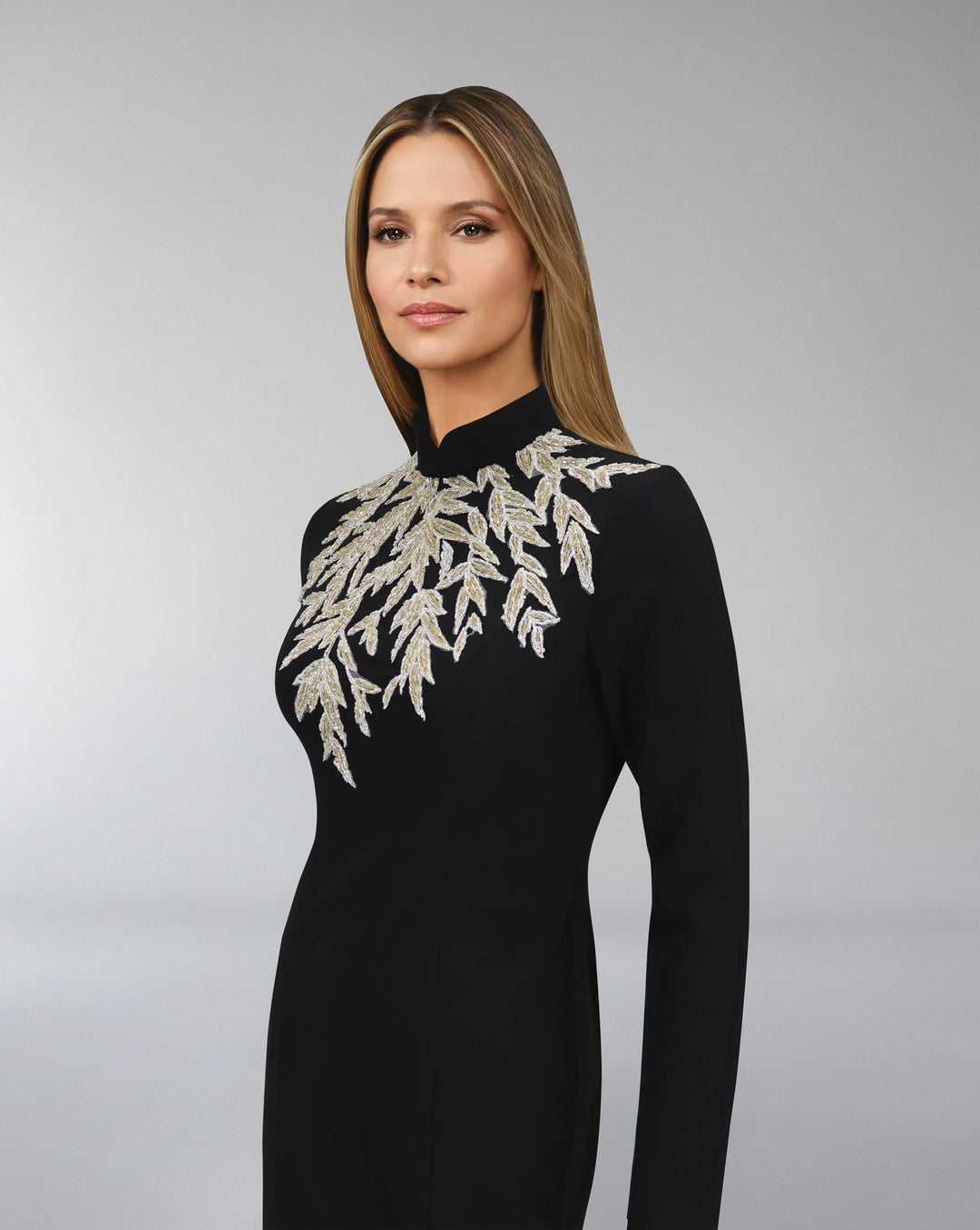 Long sleeve column dress with beaded leaves