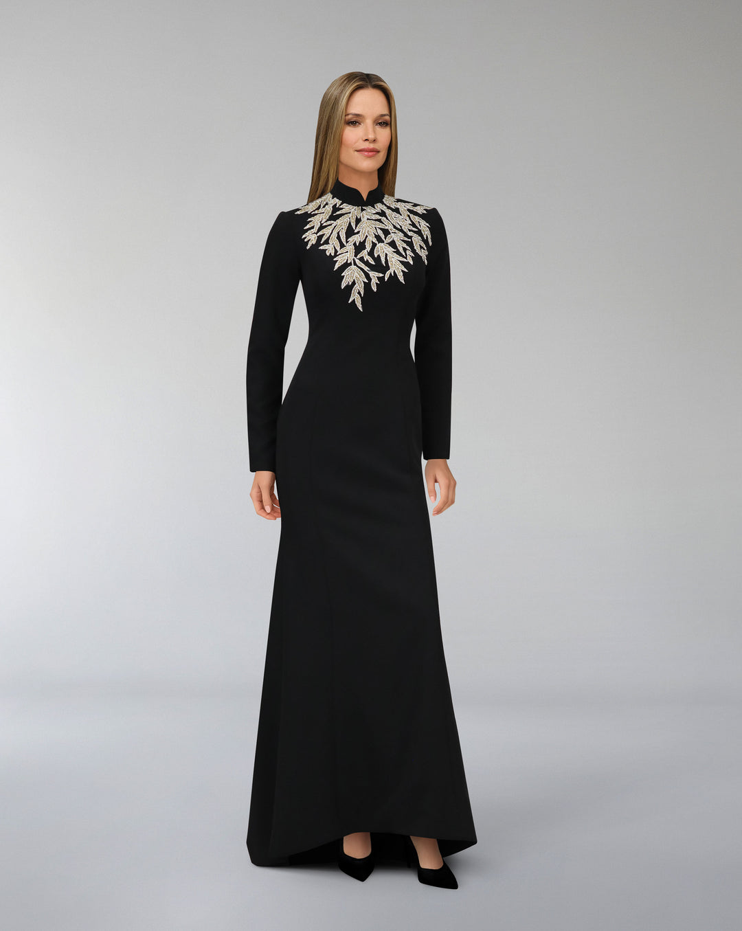 Long sleeve column dress with beaded leaves