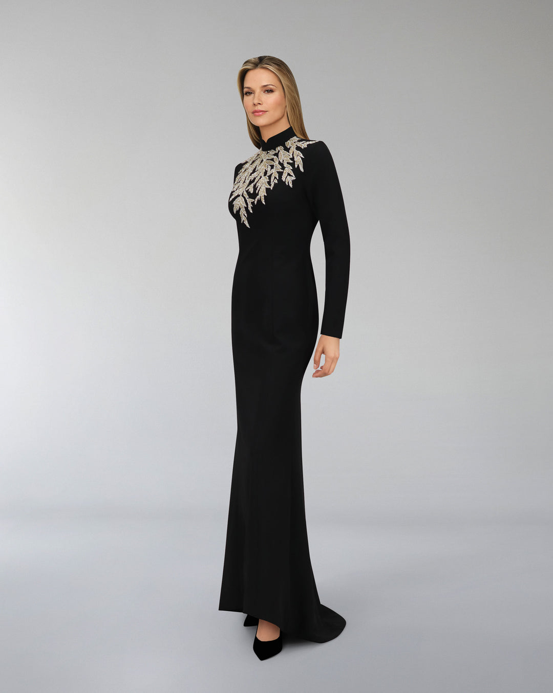 Long sleeve column dress with beaded leaves